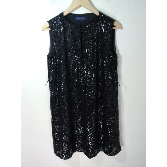 3/20 RACHEL Rachel Roy Black Glitter Sleeveless Keyhole Neck Shift Mini Dress XS - Picture 3 of 10